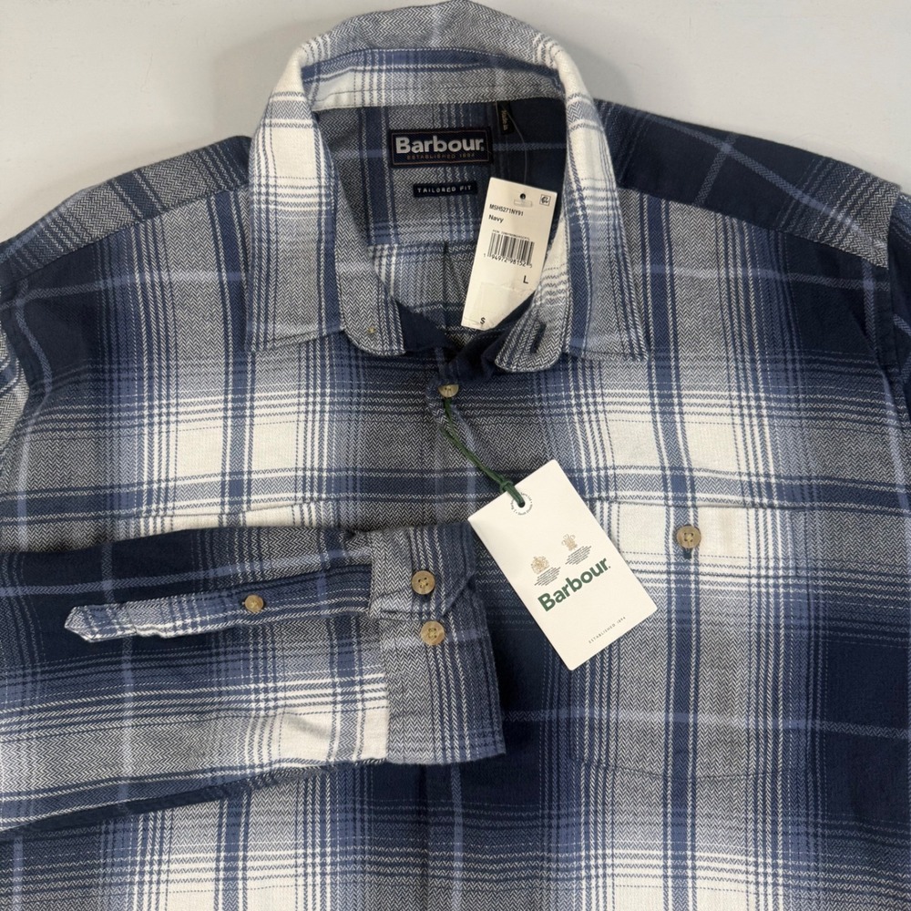 Barbour Flannel Plaid Shirt Mens Large Navy Blue Tailored Fit Stretch NWT